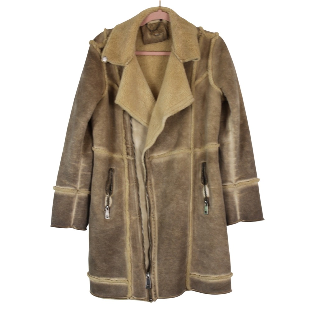 Vtg Guess Penny Lane Rockstar Y2K Tan Faux Suede Shearling Mid-Length Coat